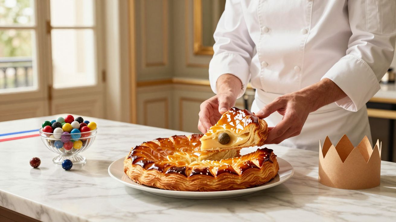 Chef a servir uma fatia da tradicional Galette des Rois com coroa de papel na mesa de mármore.