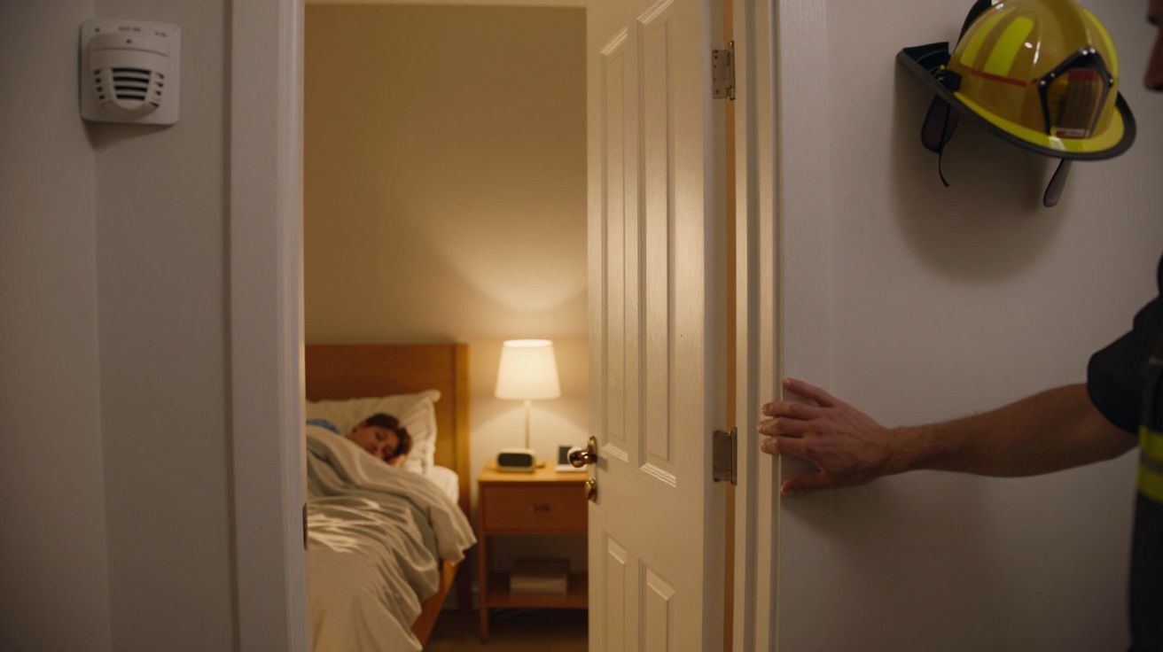 Homem com uniforme de bombeiro abre porta de quarto onde pessoa está a dormir tranquila numa cama.