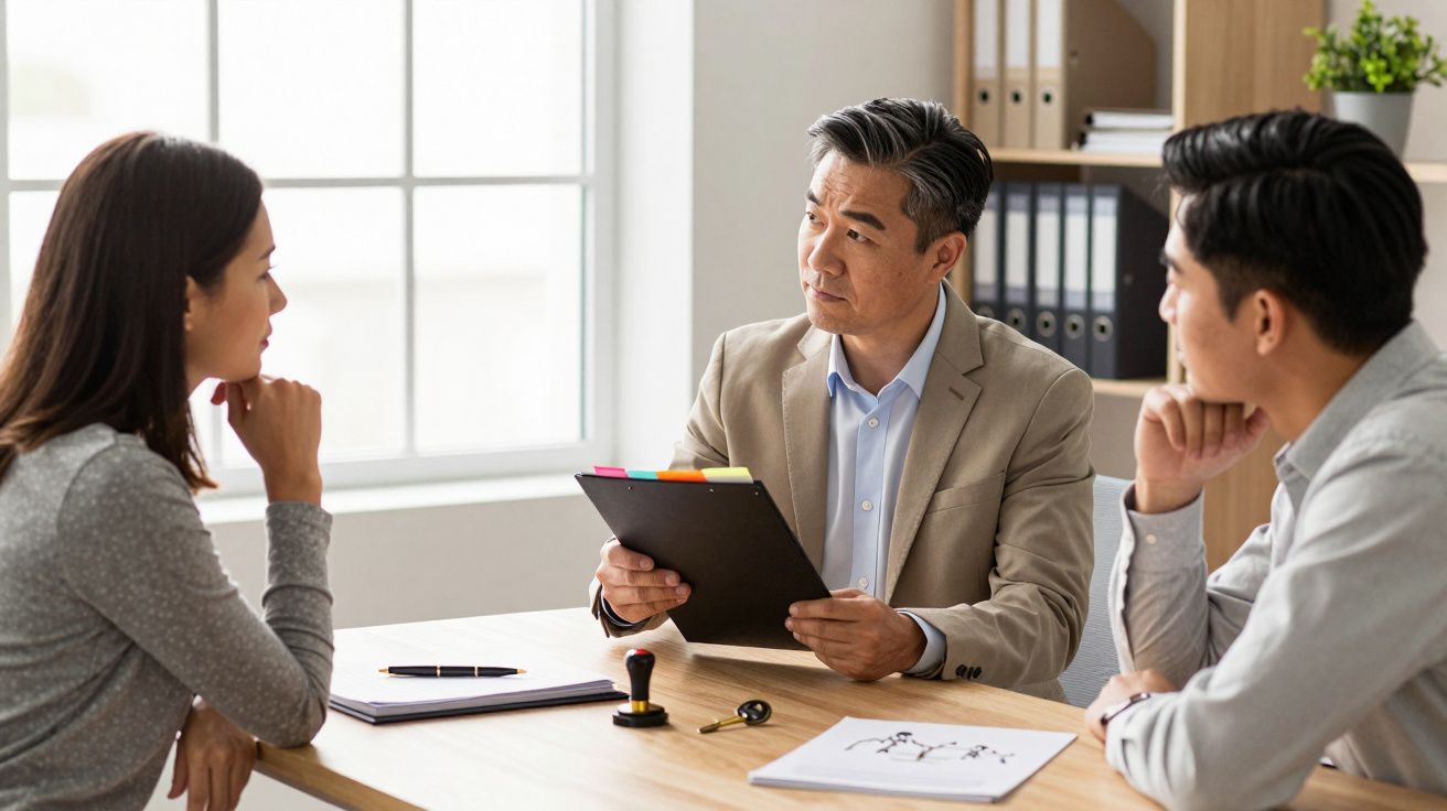 Três pessoas numa reunião de trabalho, uma segura uma pasta preta enquanto conversa com as outras duas.