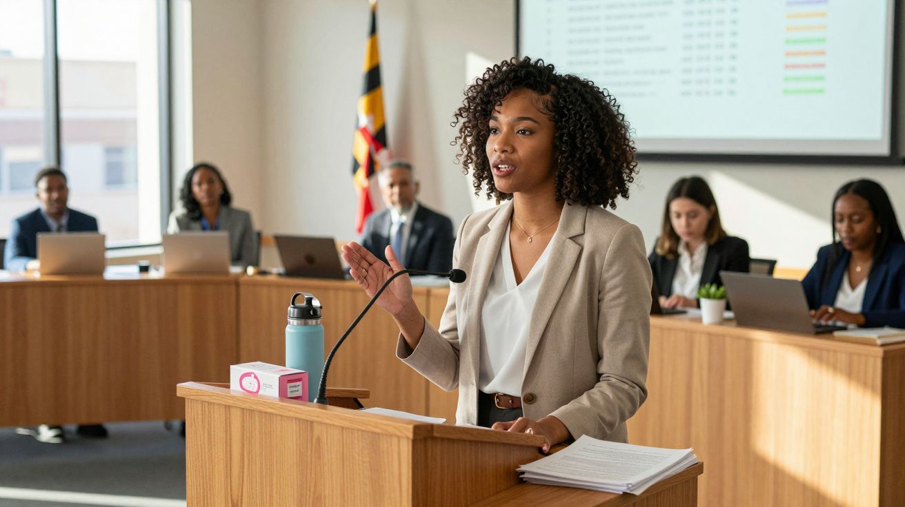 Mulher a apresentar argumentos numa sala de tribunal moderna com cinco pessoas ao fundo.