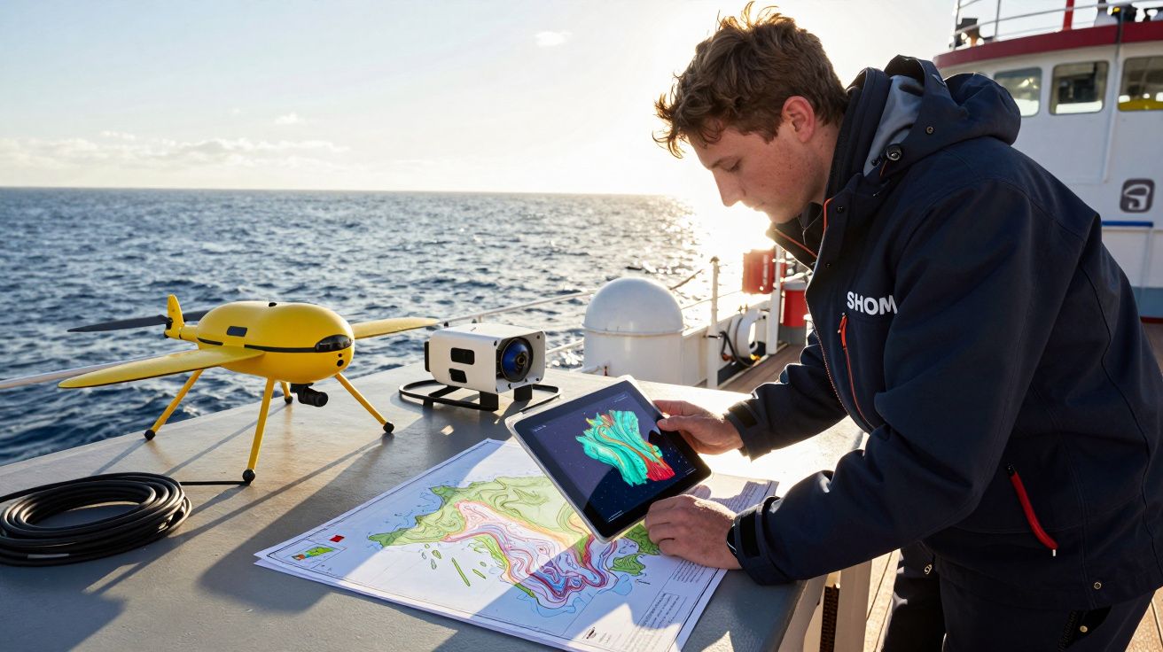 Homem com casaco a operar tablet sobre mapa náutico num barco, com drone amarelo e mar ao fundo.