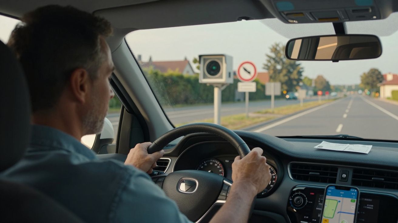 Homem a conduzir carro numa estrada com radar e placa de limite de velocidade à frente.