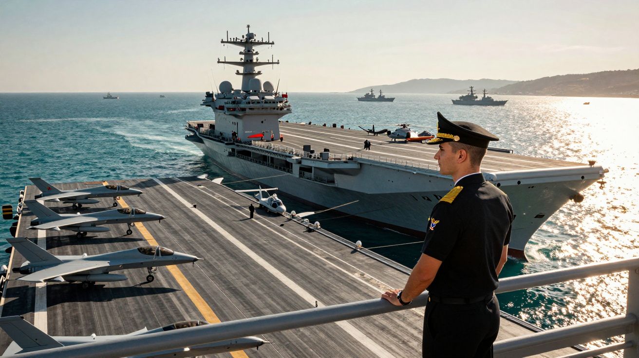 Militar de farda preta observa porta-aviões com aviões estacionados e mar ao fundo ao pôr do sol.