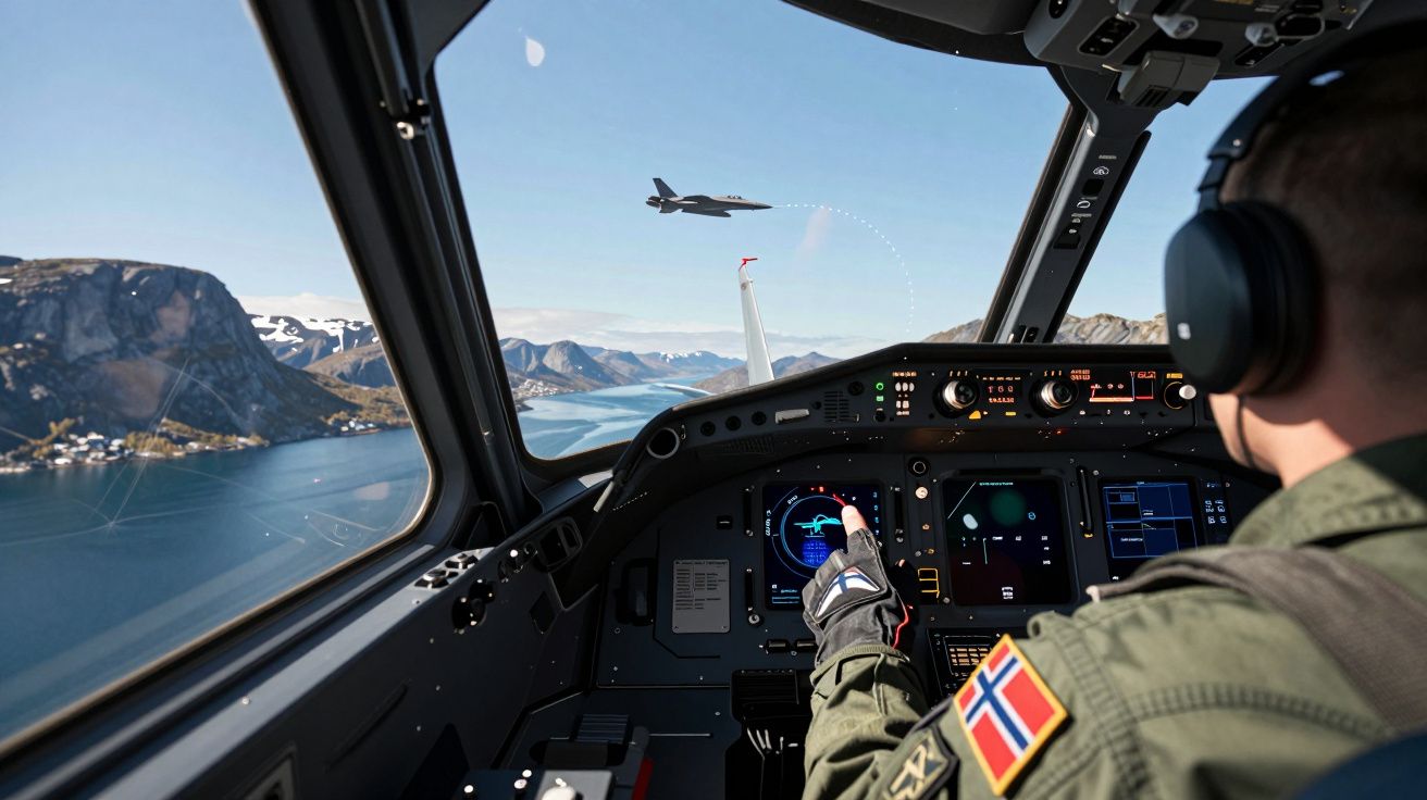 Piloto numa cabine de comando de avião militar com paisagem montanhosa e outro avião ao longe.