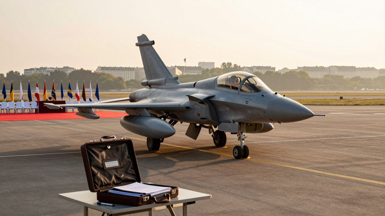 Caça militar cinzento estacionado em pista de aeroporto com mala aberta sobre mesa em primeiro plano.