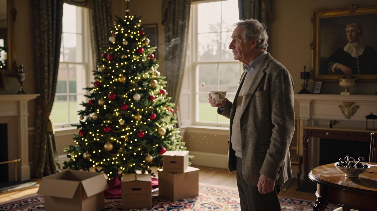 Homem idoso de pé numa sala com árvore de Natal decorada e caixas espalhadas no chão.