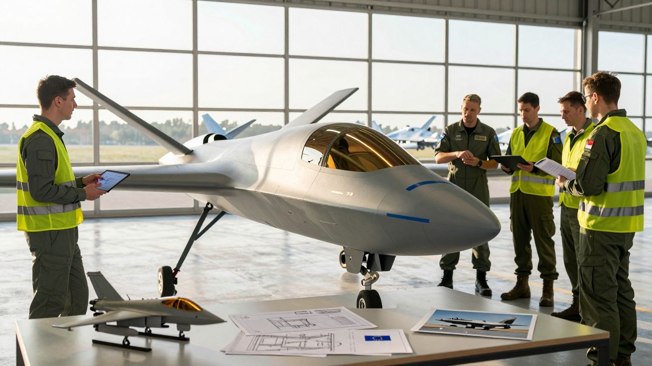 Cinco homens de uniforme e coletes refletores analisam drone militar dentro de hangar iluminado.