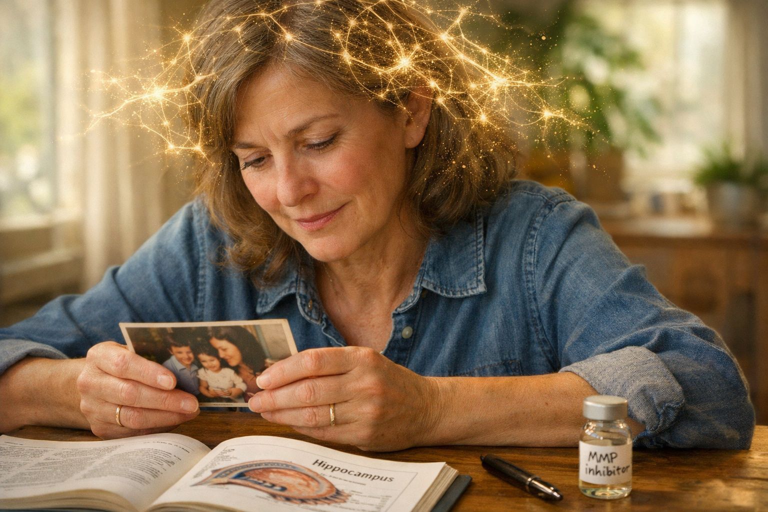 Mulher sorridente segurando uma fotografia antiga enquanto está sentada numa mesa com livros e frascos.