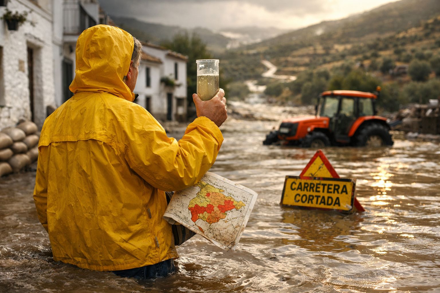 Homem de capa amarela segura mapa e copo com água turva numa estrada inundada, perto de sinal de estrada cortada.