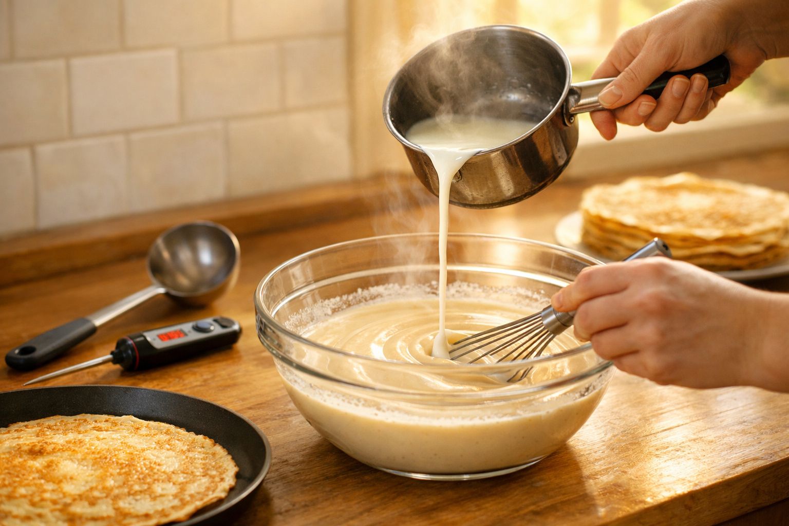 Pessoa a preparar massa para crepes numa taça de vidro, com crepes já feitos ao fundo e numa frigideira.