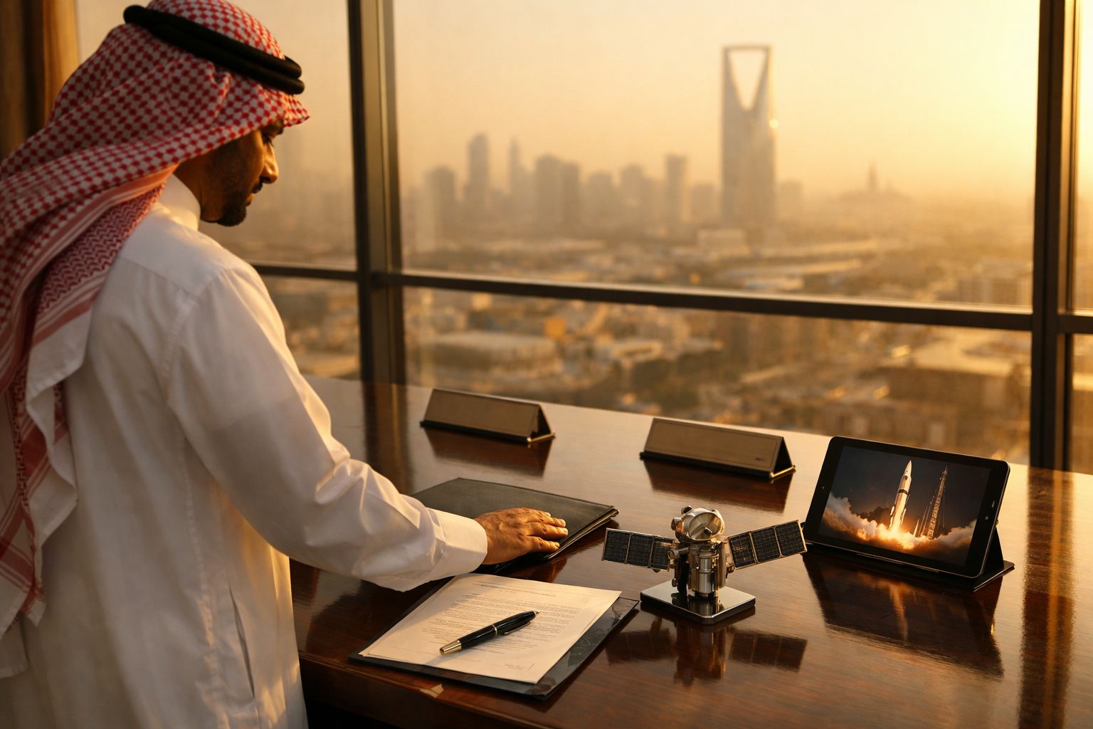 Homem árabe em roupa tradicional observa lançamento de foguetão num tablet numa sala com vista urbana ao pôr do sol.