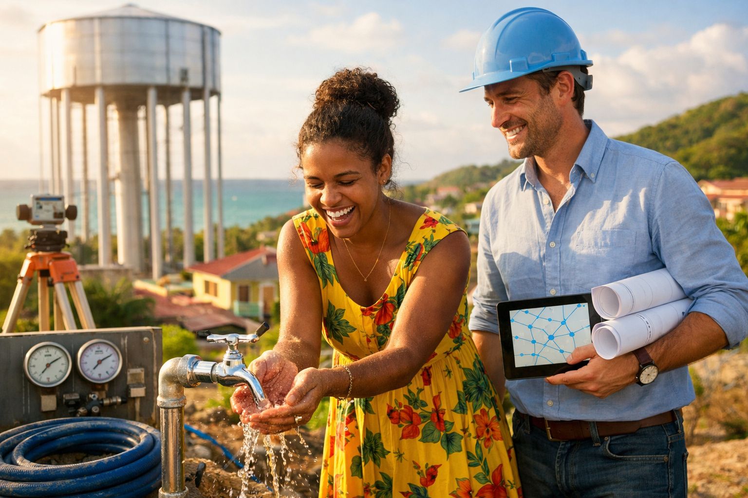 Engenheiro e mulher em vestido floral testam água potável num cano ao ar livre com reservatório ao fundo.