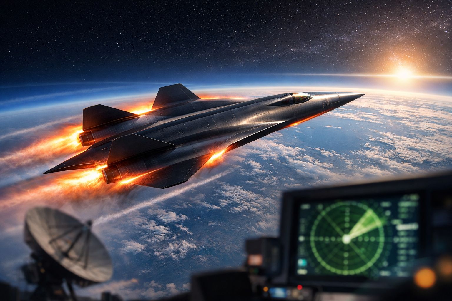 Avião espacial futurista a voar em alta velocidade sobre a Terra com propulsores em chamas.