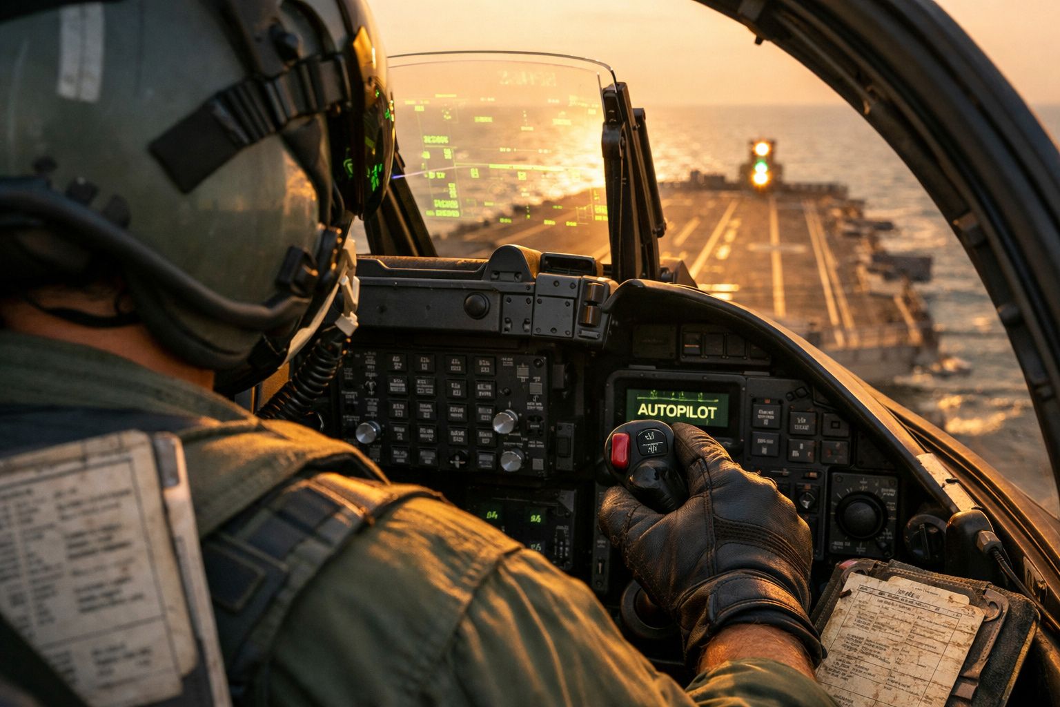 Vista interior da cabina de um piloto militar com autópilot ligado, voo a aproximar um porta-aviões ao pôr do sol.