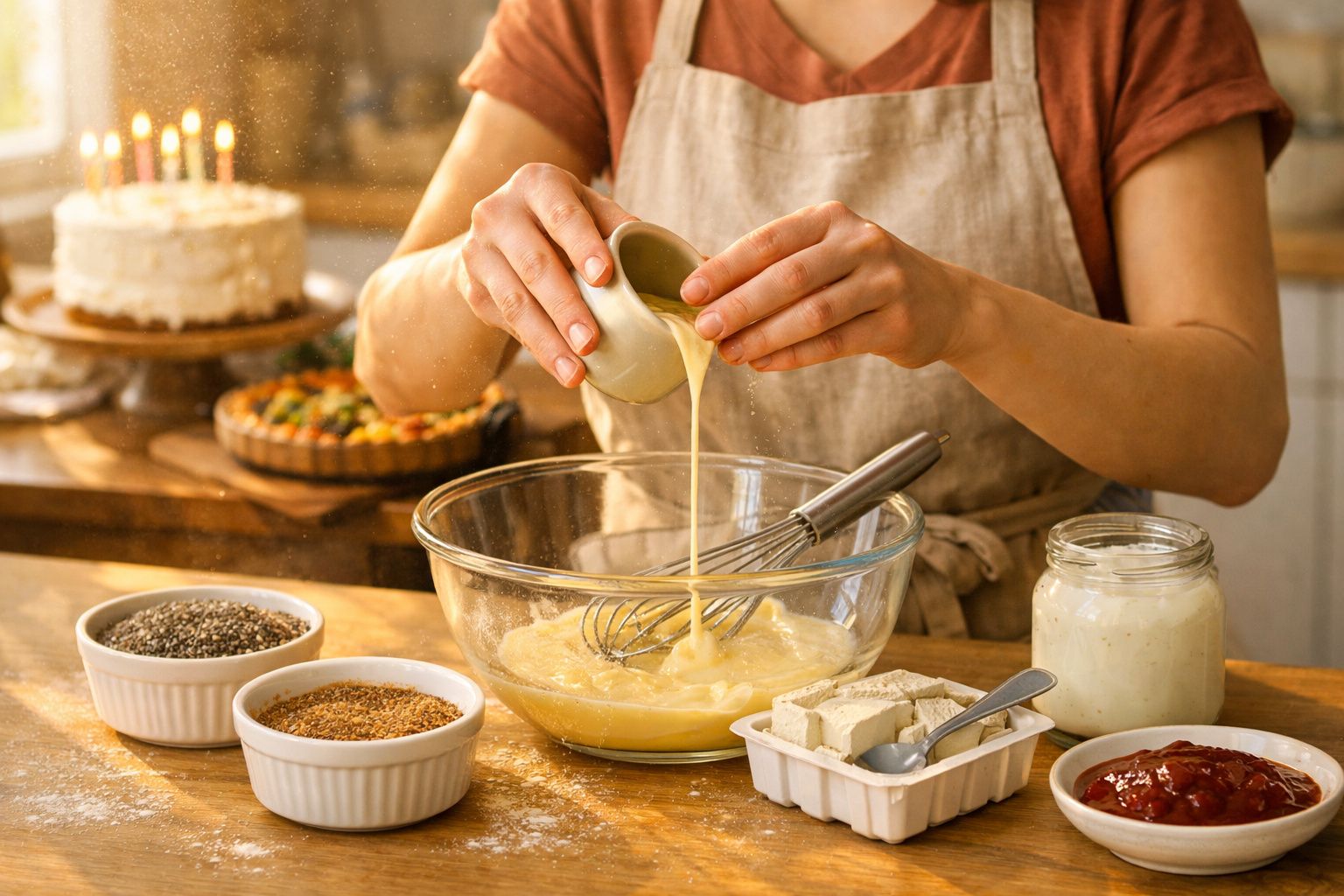 Pessoa a verter líquido numa taça com ingredientes para preparação de comida, com bolo e outros alimentos ao fundo.