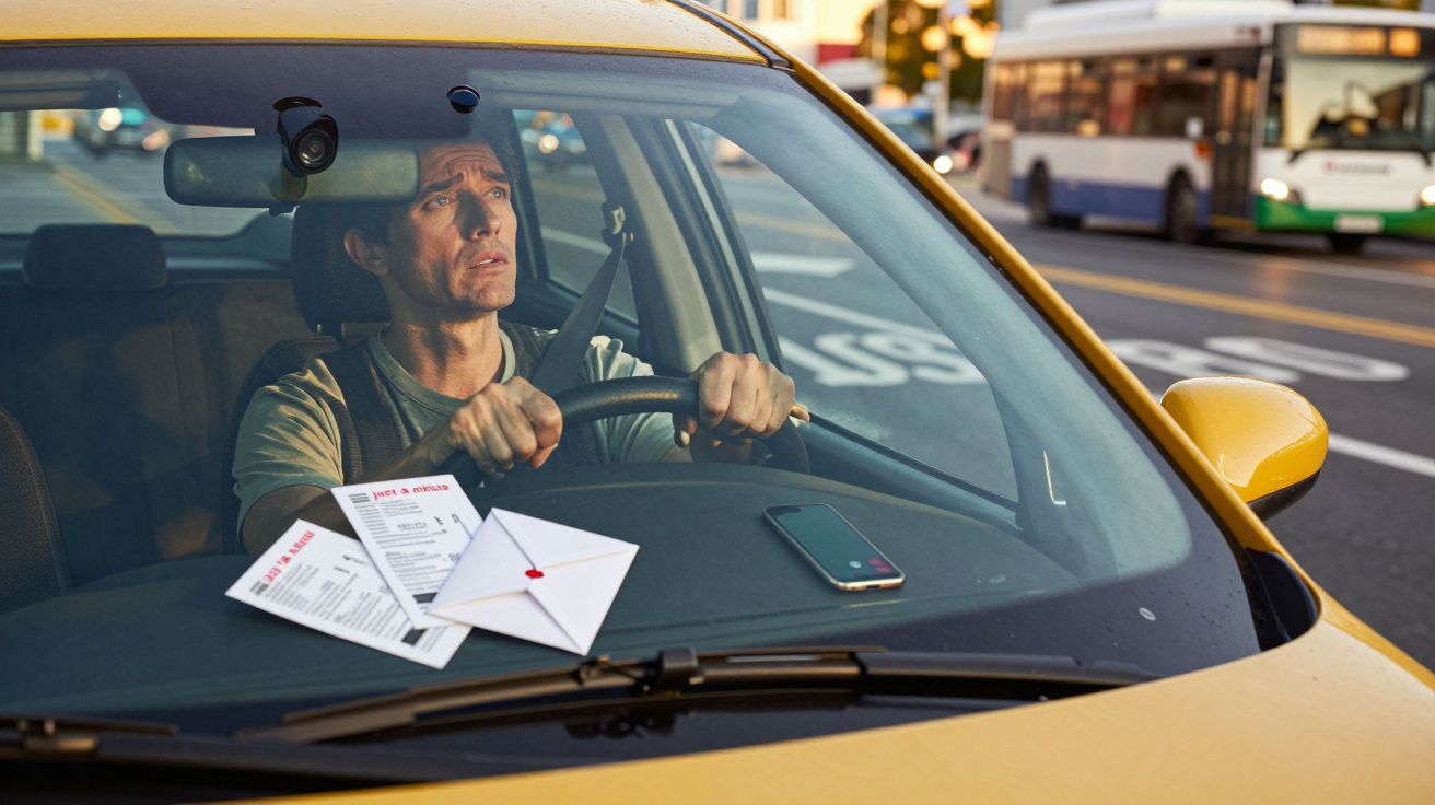 Homem preocupado a conduzir carro amarelo com cartas e telemóvel no tablier, em estrada urbana.