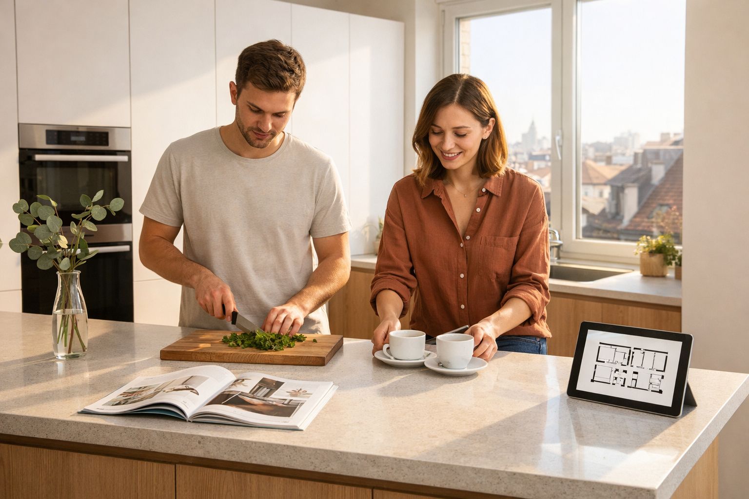 Casal na cozinha a preparar comida e levar duas chávenas numa bancada com planta e tablet.