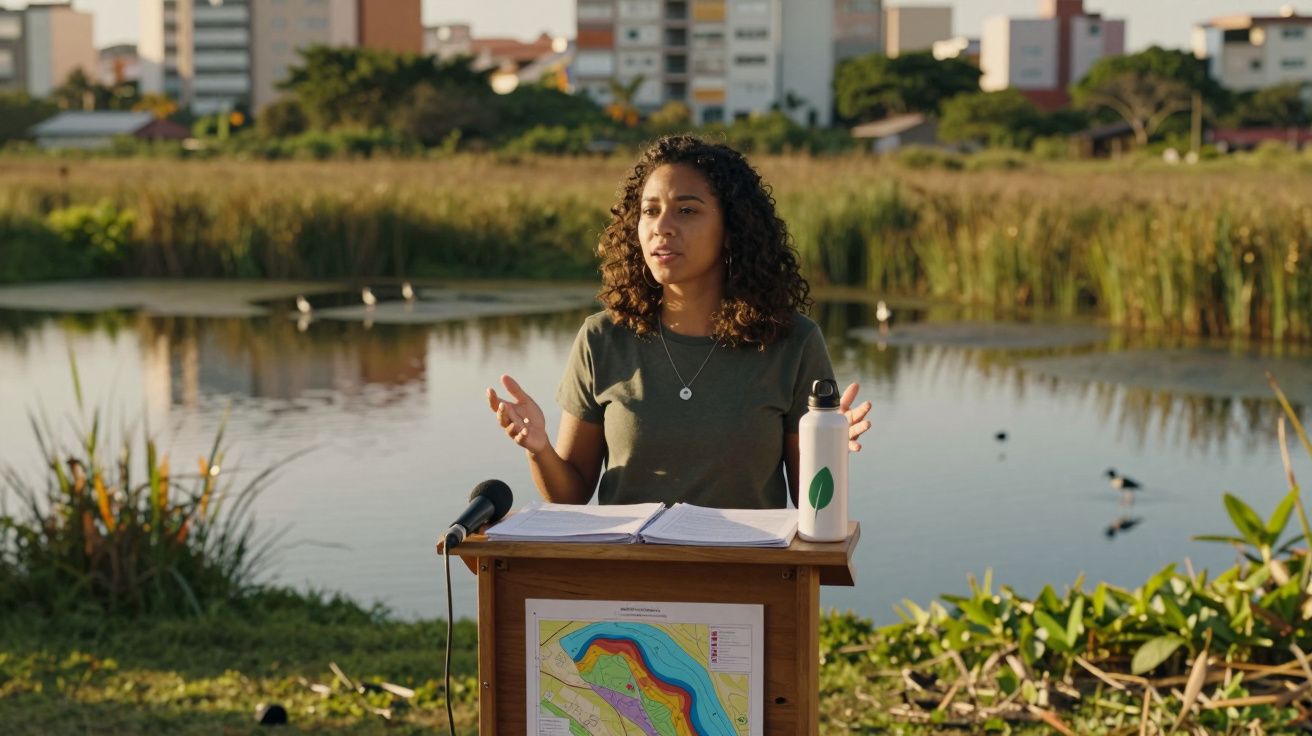Mulher a dar palestra ao ar livre junto a lagoa, com gráfico ambiental no púlpito e microfone.