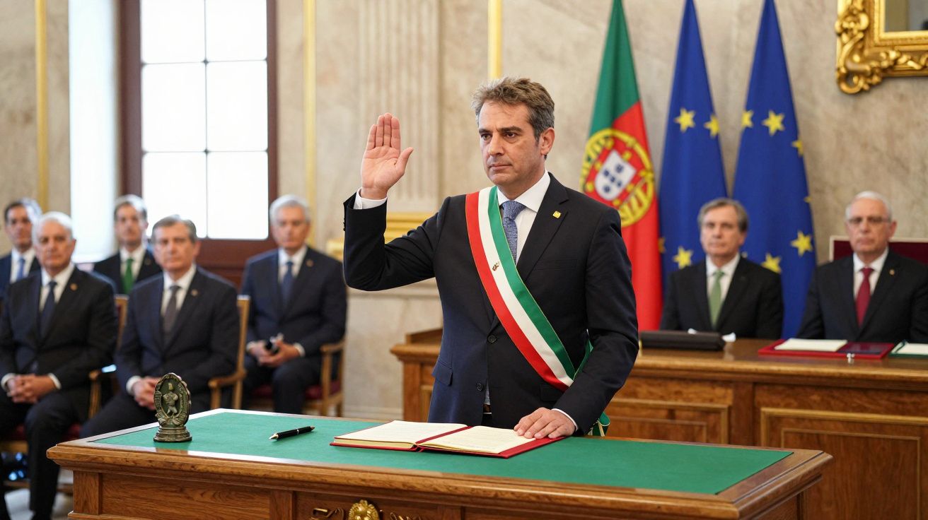 Homem com faixa tricolor a jurar em cerimónia oficial com bandeiras de Portugal e UE ao fundo.
