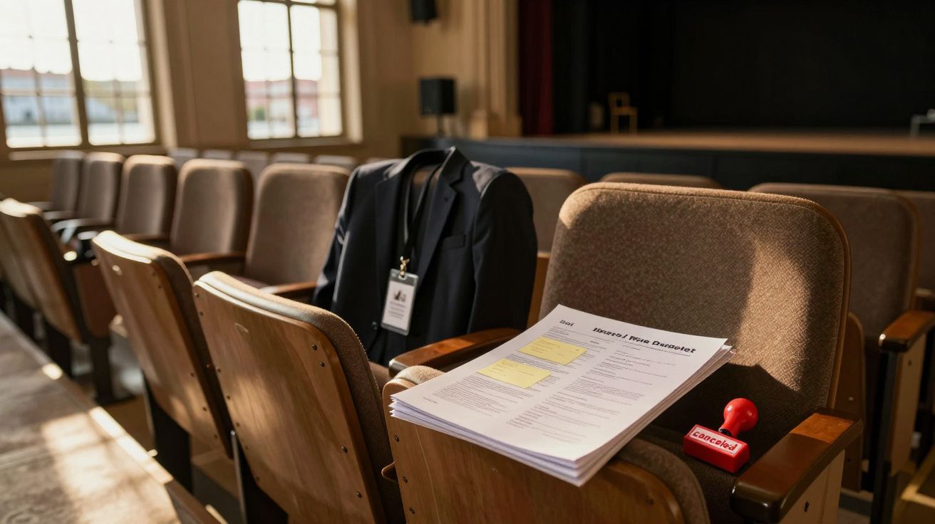 cadeira vazia com fato, crachá, documentos e carimbo vermelho "cancelado" numa sala de conferências iluminada natural