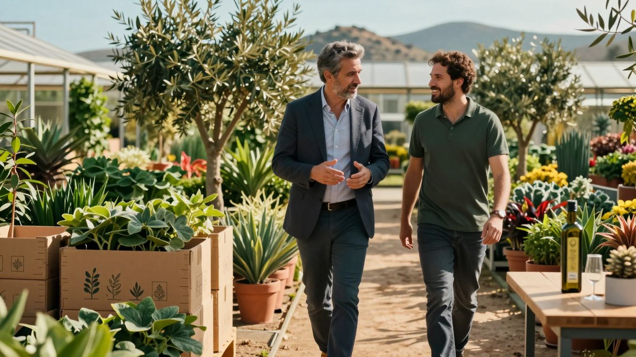 Dois homens conversam e caminham numa estufa cheia de plantas e flores em vasos e caixas de cartão.