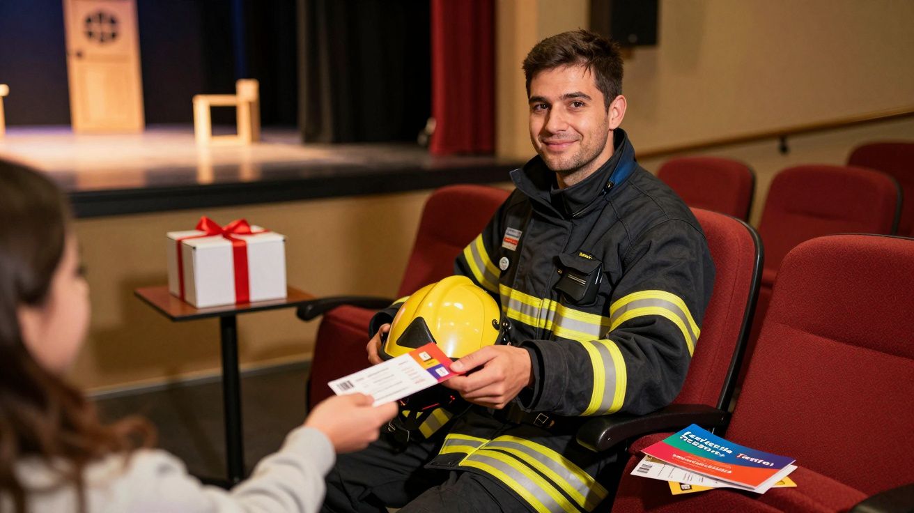 Bombeiro sentado numa cadeira de auditório recebe bilhetes de uma pessoa com embrulho ao fundo.