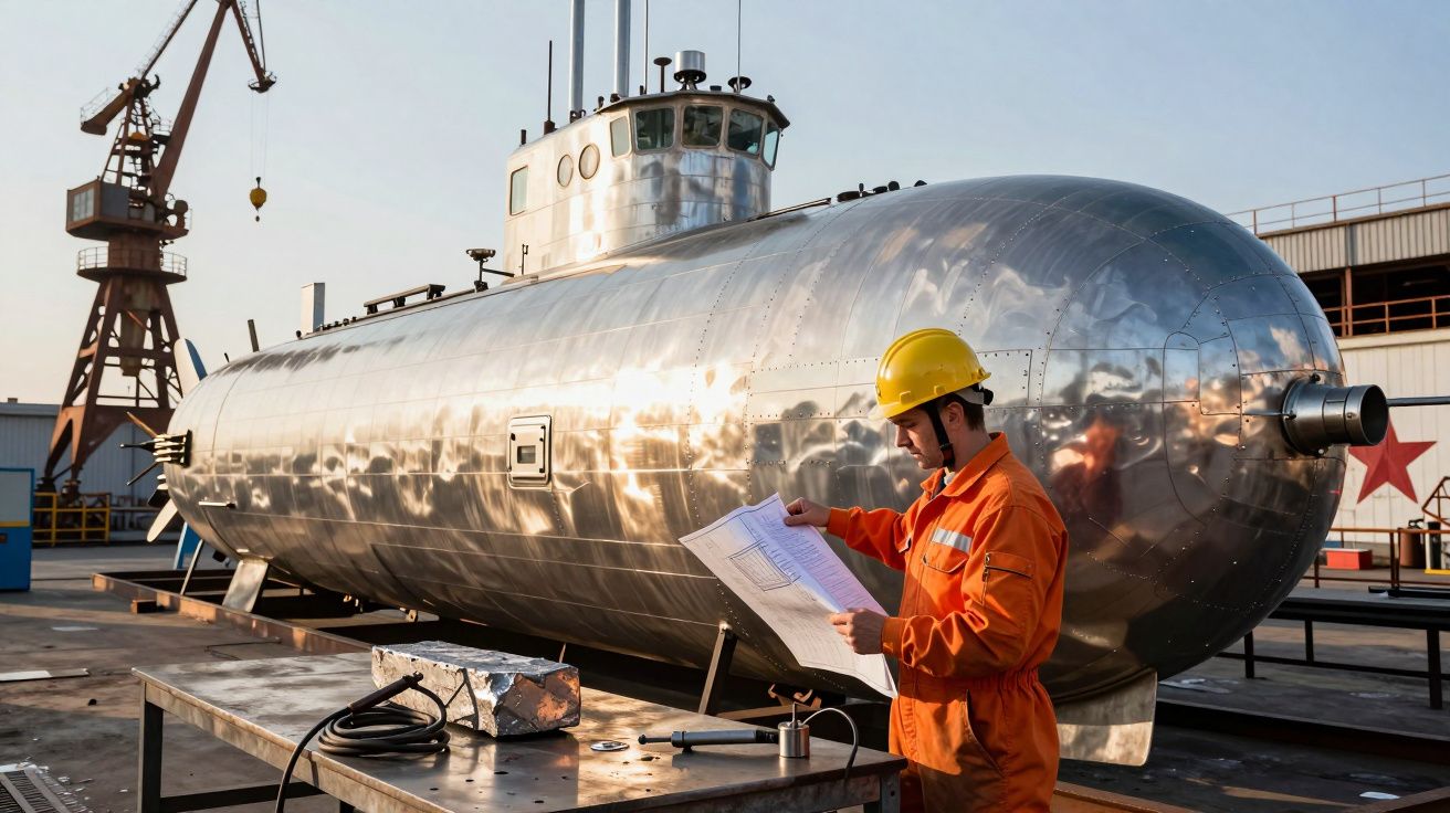 Homem de capacete e fato laranja a analisar plantas à frente de um submarino prateado num estaleiro.