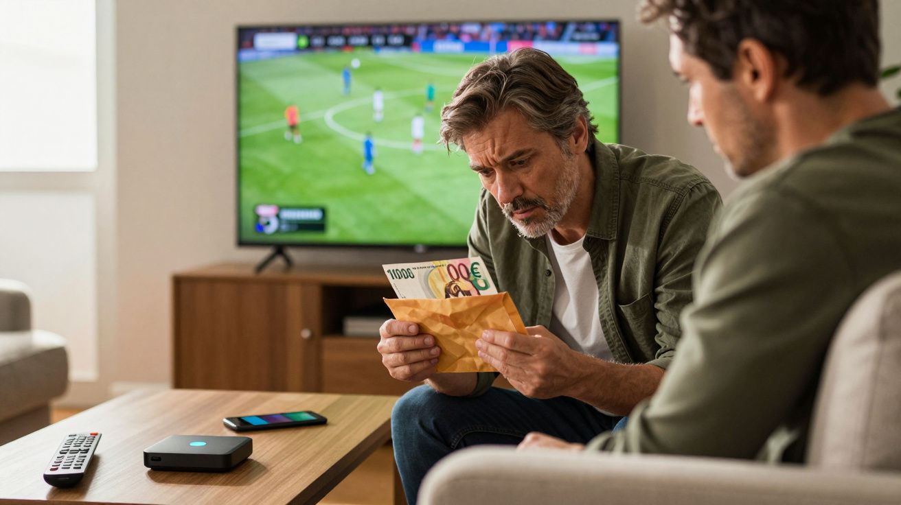 Homem sentado no sofá a contar dinheiro enquanto vê um jogo de futebol na televisão.