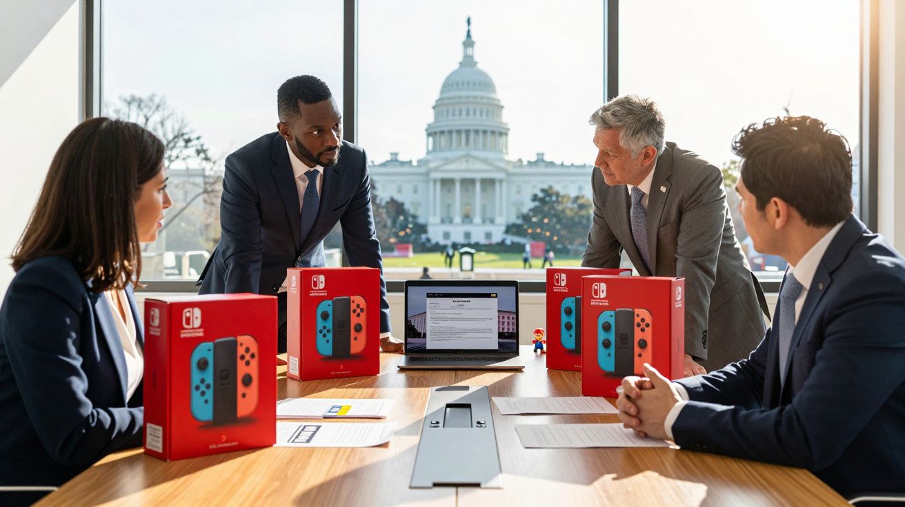 Quatro pessoas em reunião de negócios com caixas de Nintendo Switch numa sala com vista para o Capitólio.