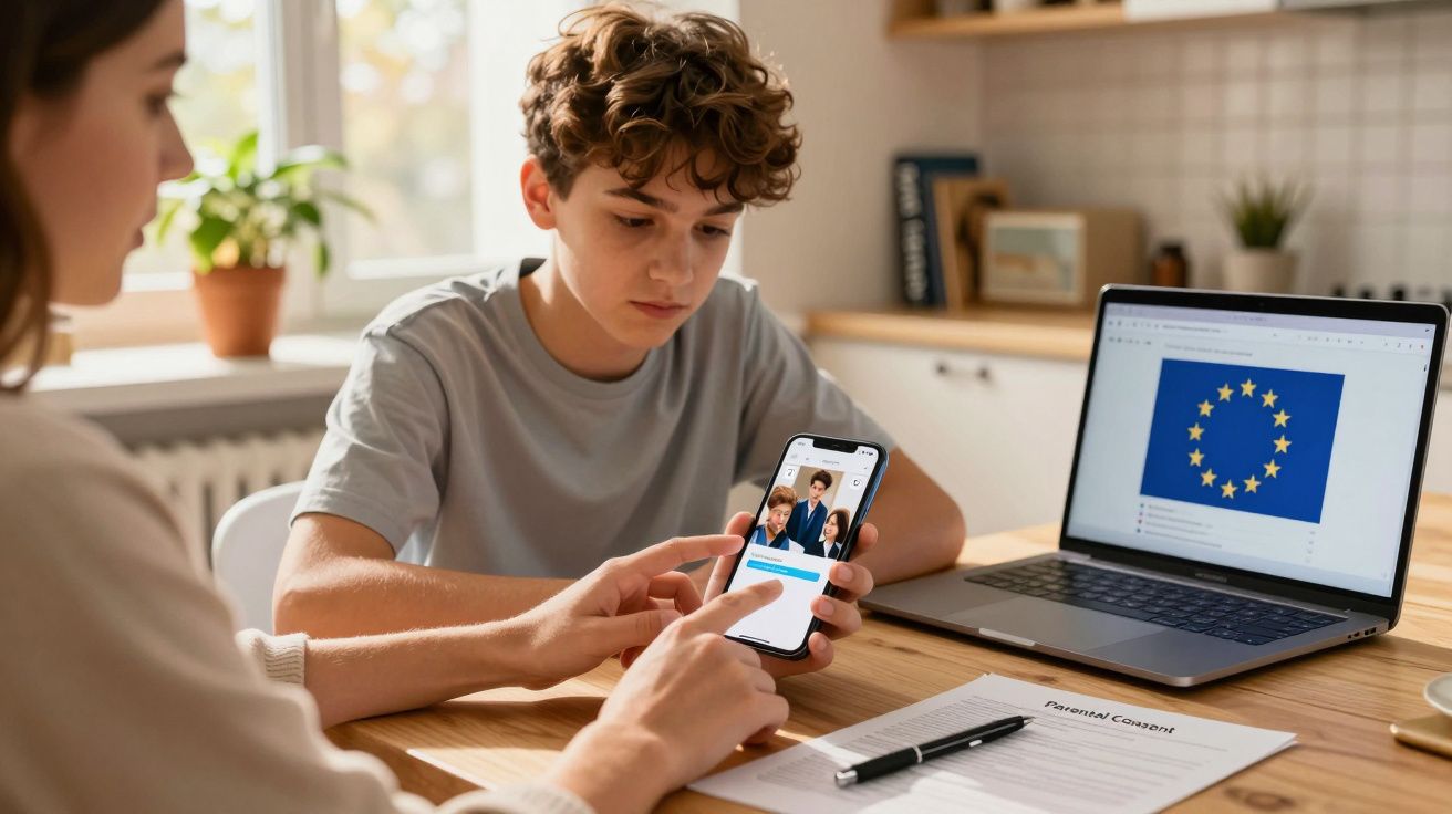 Adolescente e adulto a usar um telemóvel e computador portátil numa mesa de escritório em casa.