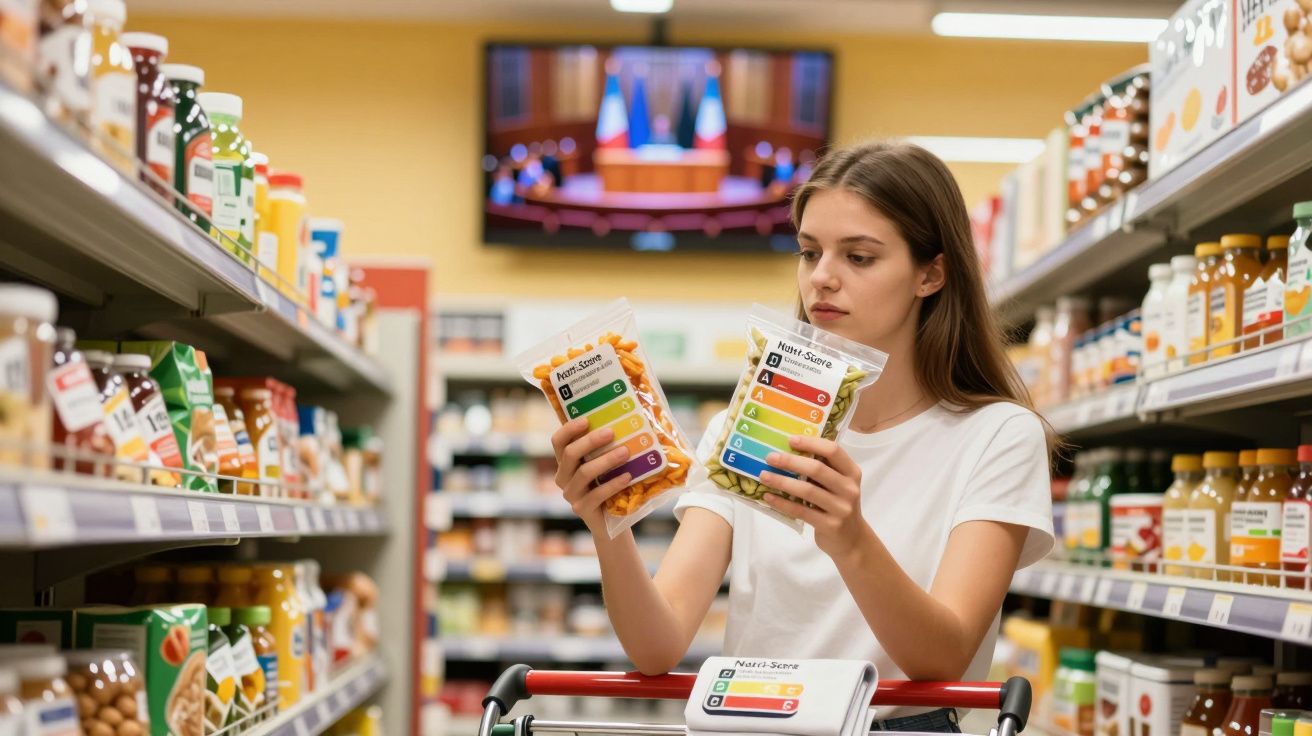 Mulher jovem compara rótulos de produtos num supermercado entre prateleiras cheias de bebidas e alimentos embalados.