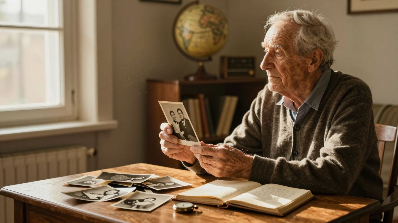 Idoso sentado à mesa a olhar fotos antigas em preto e branco, com livro e globo ao fundo.