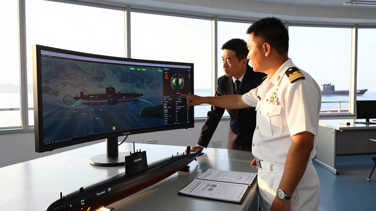 Oficiais navais analisam gráficos de simulador de submarino em ecrã grande num controlo de missão marítima.