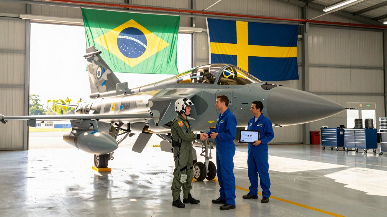 Caça militar numa hangar com bandeiras do Brasil e Suécia, dois técnicos a cumprimentar piloto.