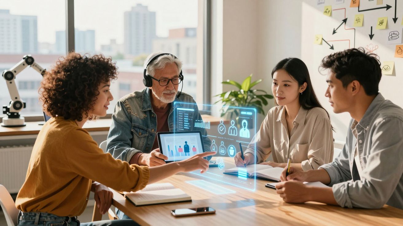 Grupo de quatro pessoas numa reunião de trabalho com gráficos digitais e tablets numa mesa.