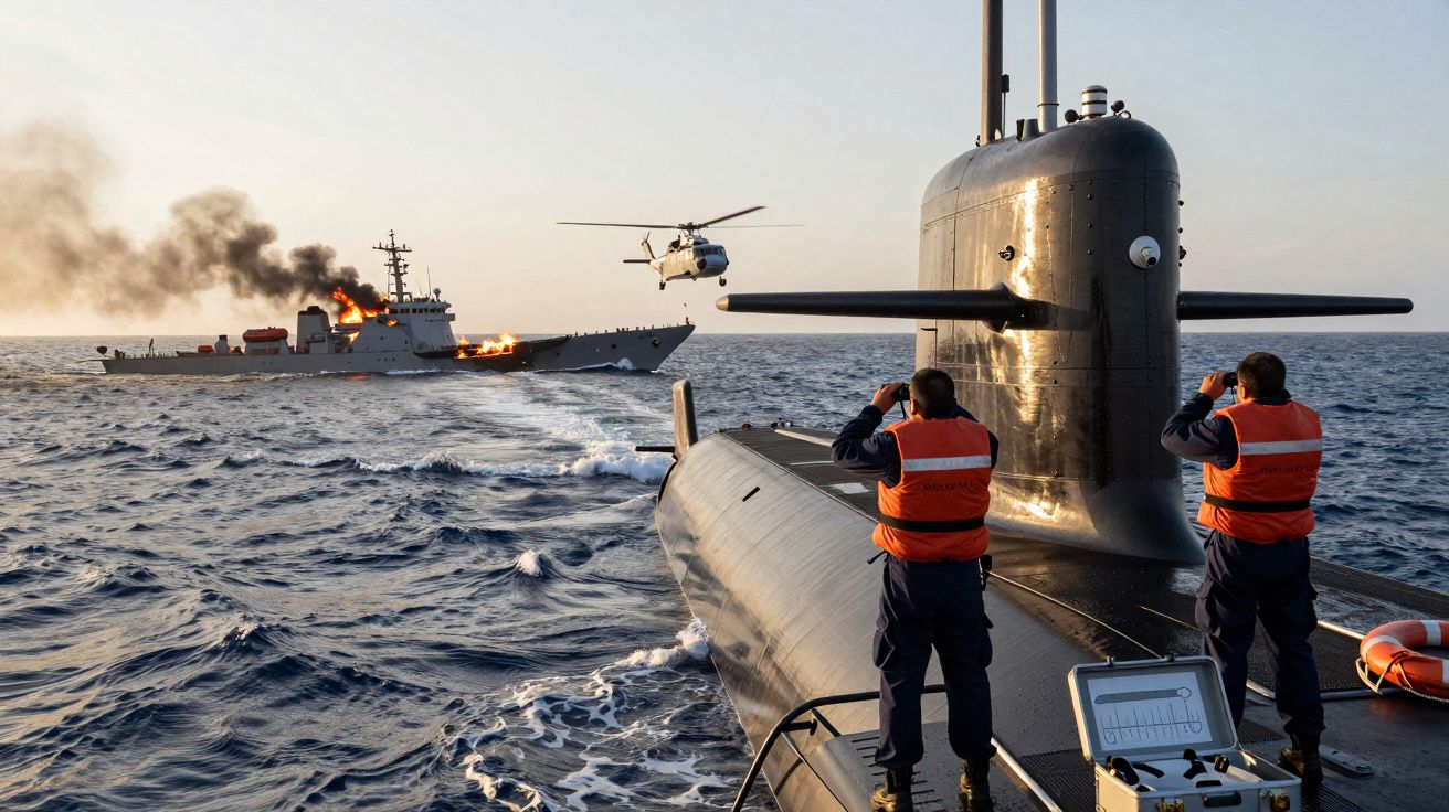Dois militares em coletes laranja observam, através de binóculos, um navio de guerra em chamas no mar, com um helicóptero no 