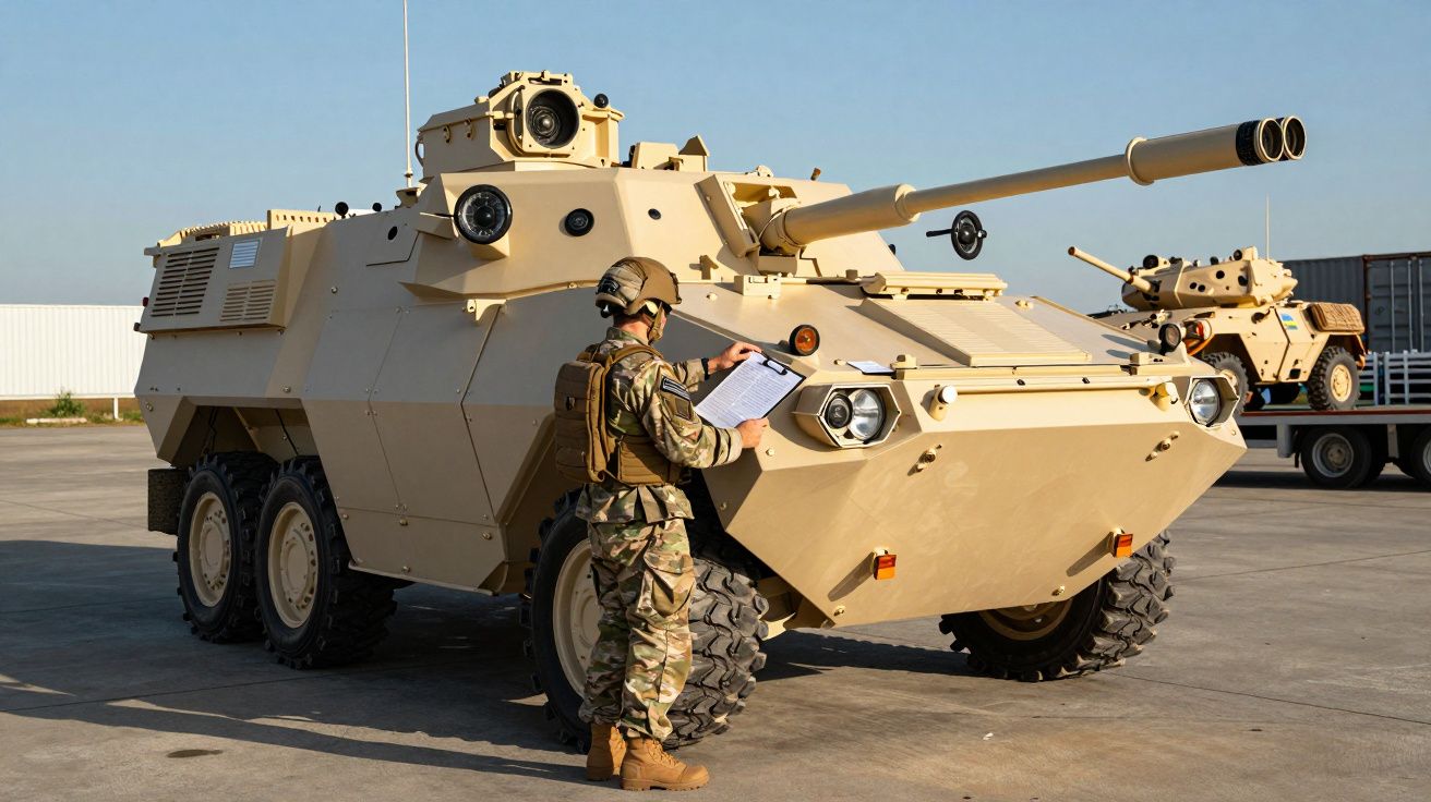 Soldado em uniforme camuflado inspeciona viatura blindada de rodas em pátio ao ar livre.