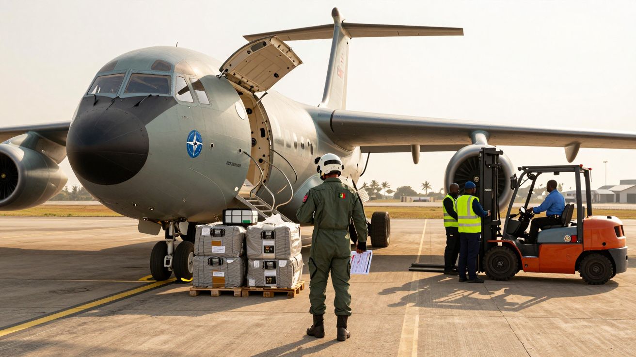 Avião militar a carregar paletes com caixas, com militares e operador de empilhador na pista de aeroporto.