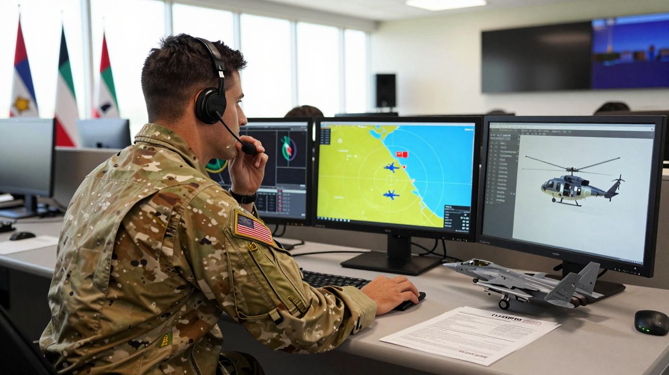 Militar dos EUA em uniforme camuflado com auscultadores, monitoriza voo de aviões e helicóptero em ecrãs no centro de comando