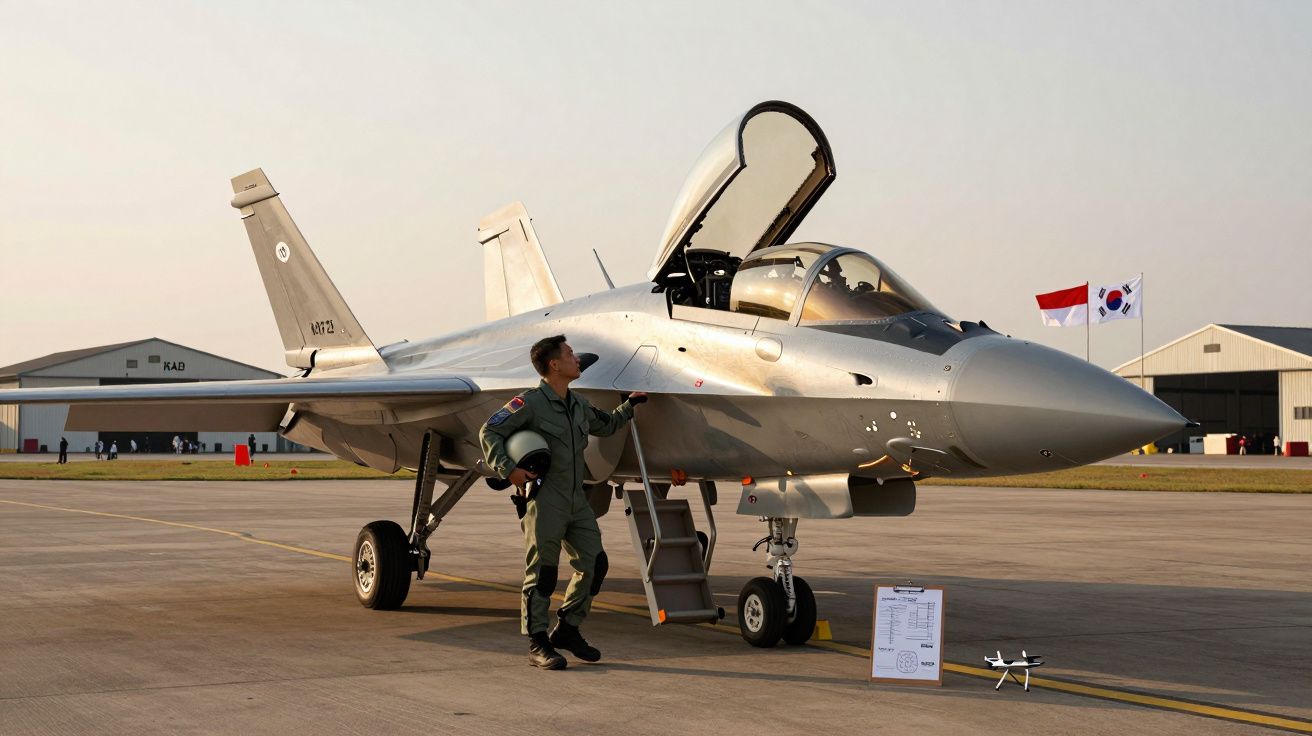 Piloto aproxima-se de caça estacionado numa pista com bandeiras da Indonésia e Coreia do Sul ao fundo.