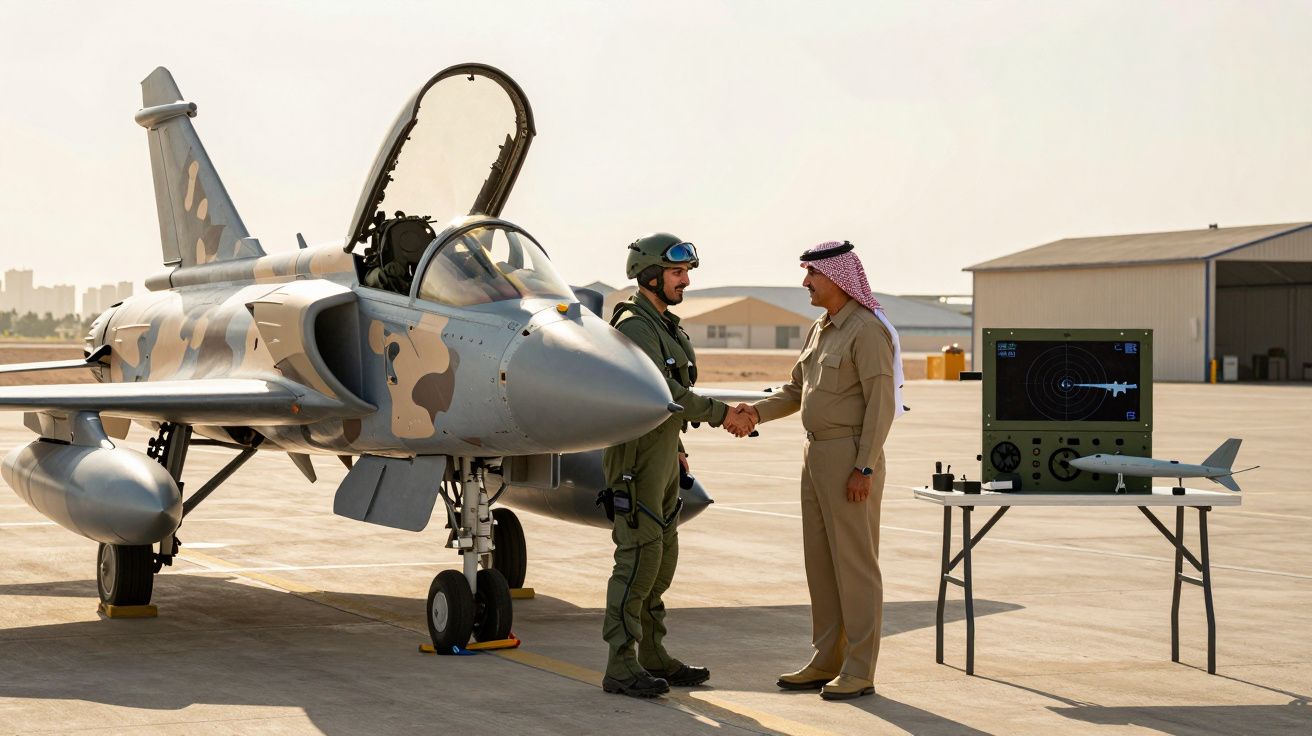 Piloto militar e homem em traje tradicional apertam as mãos junto a caça e equipamento no aeroporto.