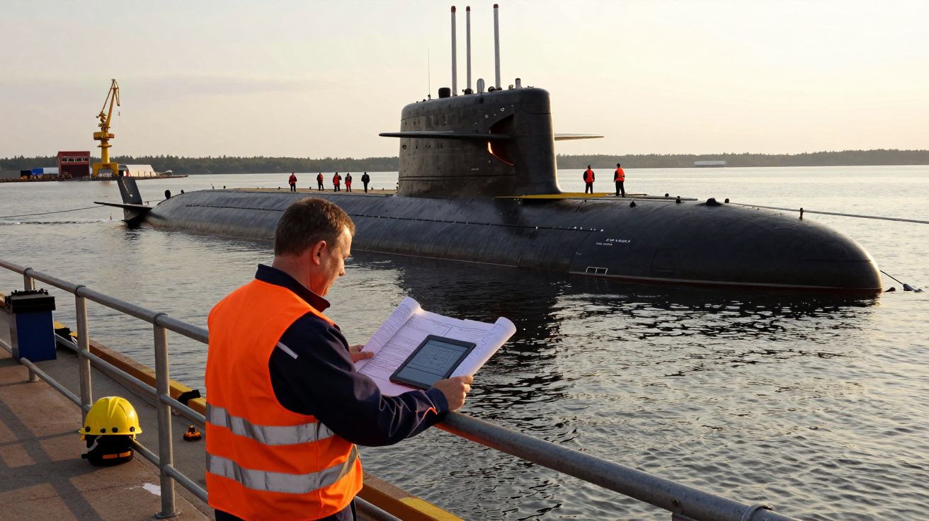 Homem com colete laranja observa documentos junto a submarino ancorado em cais ao pôr do sol.