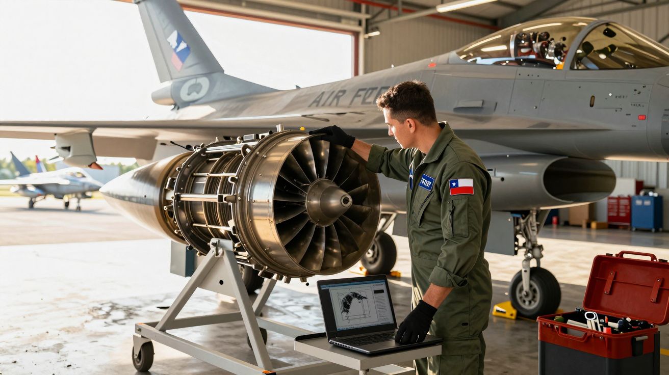 Técnico em uniforme verifica motor de avião a jato com portátil em hangar militar.