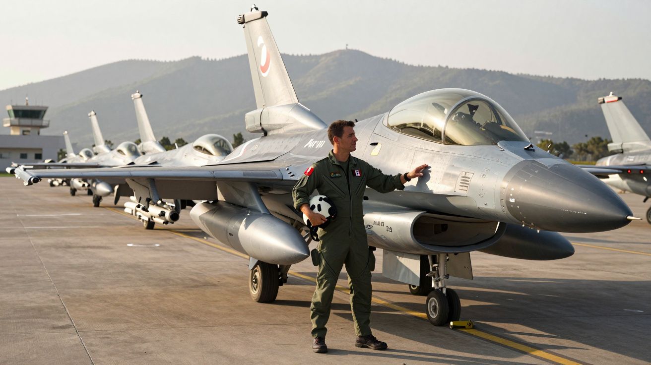 Piloto em fato de voo ao lado de caça F-16 estacionado numa pista com montanhas ao fundo.
