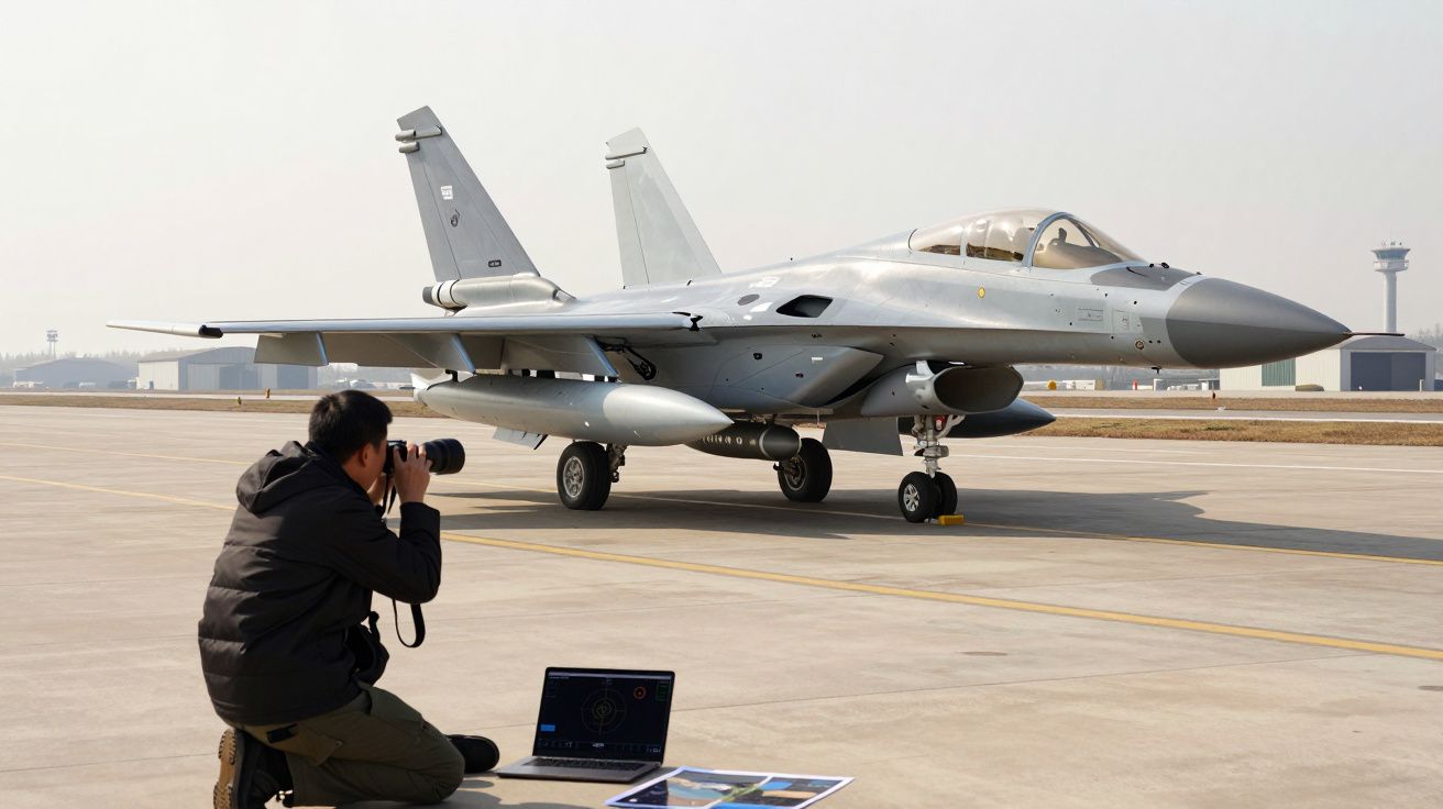 Fotógrafo a tirar fotos a um caça militar cinzento numa pista de aeroporto, com computador portátil no chão.