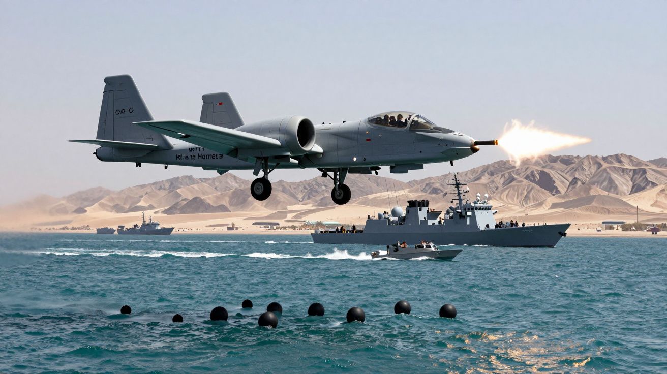 Avião militar em voo baixo disparando projétil sobre mar com barcos e montanhas ao fundo.