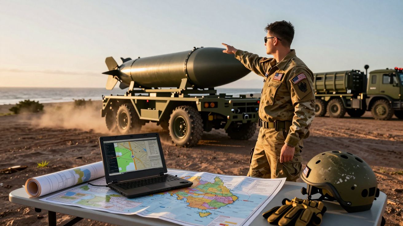 Militar junto a míssil sobre veículo, mapas e portátil numa operação ao ar livre ao entardecer.