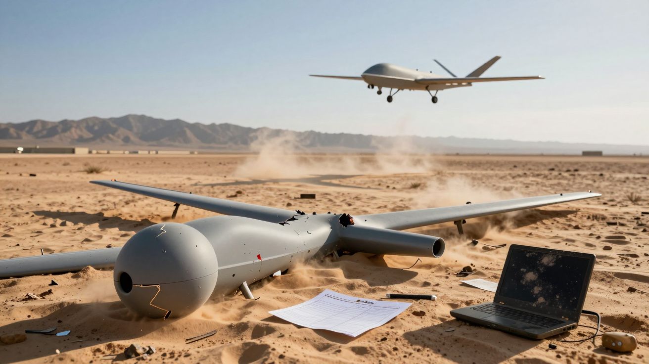 Drone militar aterrado e outro a voar sobre um deserto com laptop e documentos no chão.