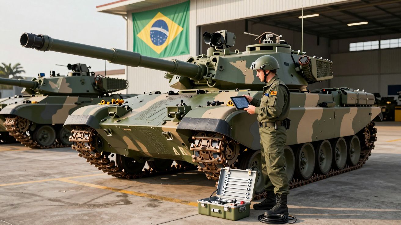 Soldado em uniforme e capacete inspeciona tanque de guerra com padrão camuflado em garagem, bandeira do Brasil ao fundo.