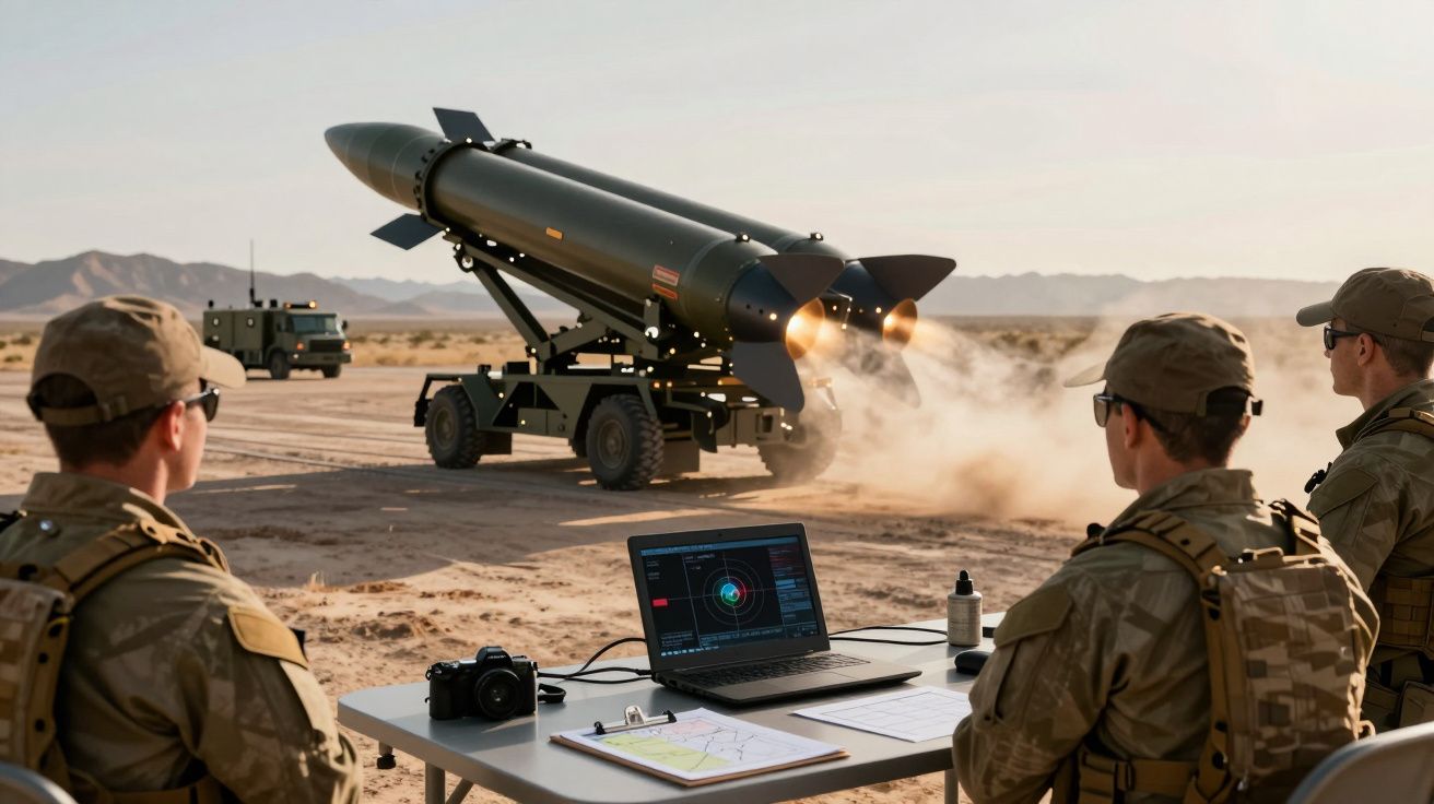 Soldados observam lançamento de míssil num deserto, com computador e equipamentos de controlo numa mesa.